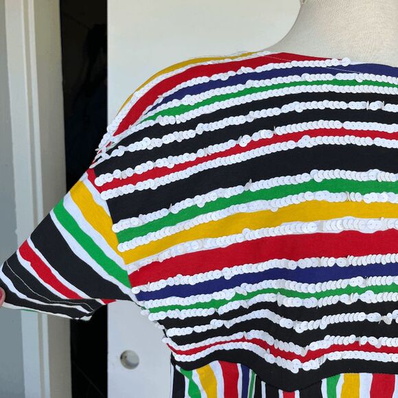 VTG 1991 Spree Sport Rainbow Stripe Sequin Top Black Cotton T-Shirt SZ M - Picture 6 of 9